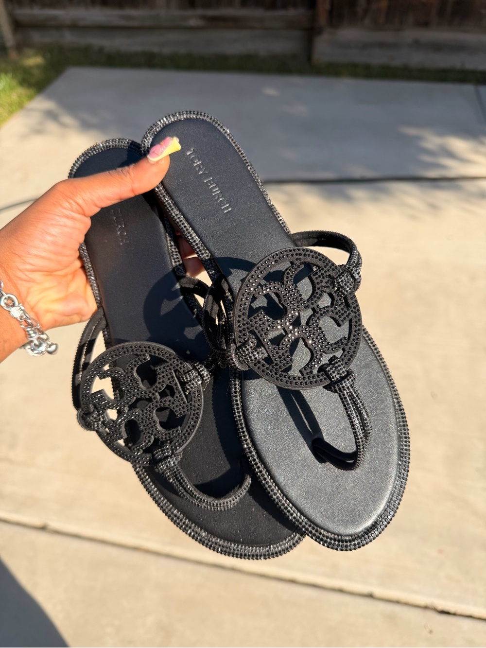 Tory Burch Black Beaded Logo Thong Sandals